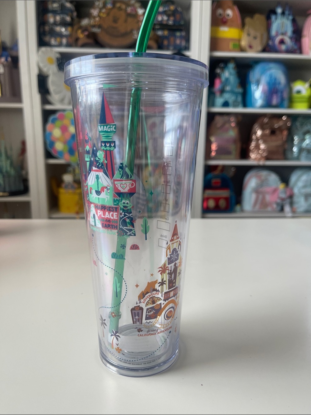 Starbucks Disney parks 24oz Clear Tumbler with Green Straw. Disneyland and DCA